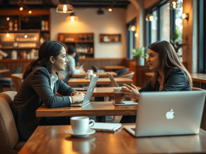 2 people in an informal business meeting over coffee